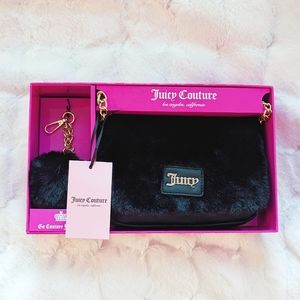 Juicy Couture Fluffy Black Crossbody Wallet Purse and Keychain